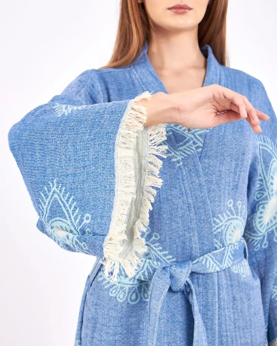 Blue Evil Eye Kimono, Long Cotton Robe, Cotton Kafthan