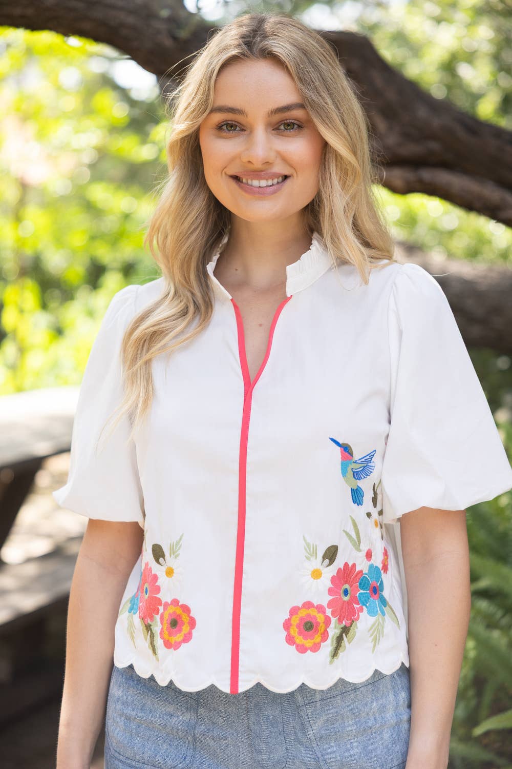 36952 Pipping Detail Floral Hummingbird Embroidered Top