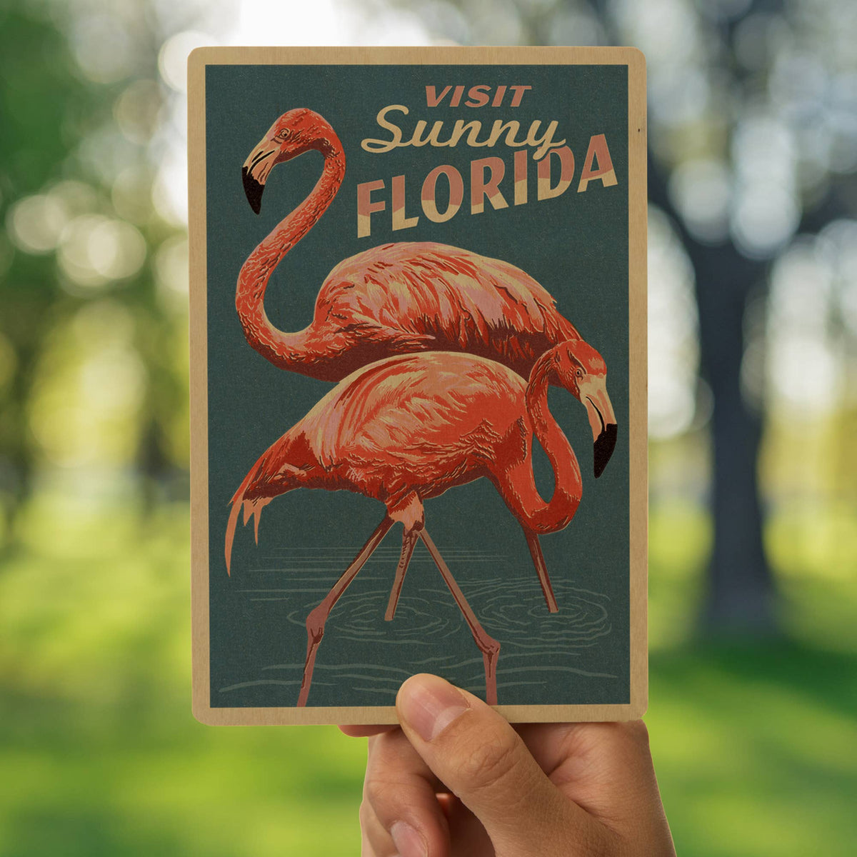 WOOD POSTCARD Visit Sunny Florida, Flamingo