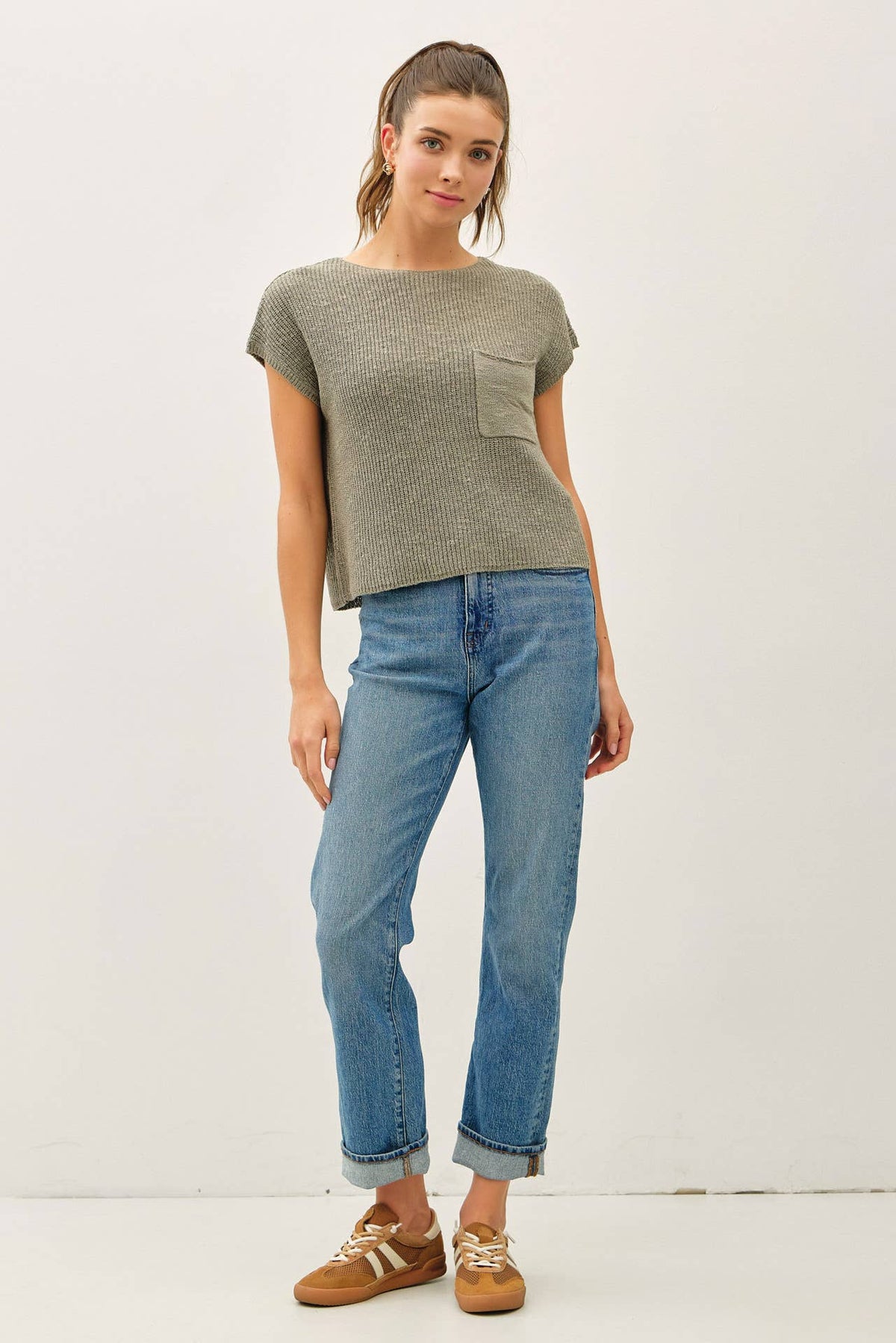 POCKET DOLMAN CAP SLEEVE BOXY KNIT