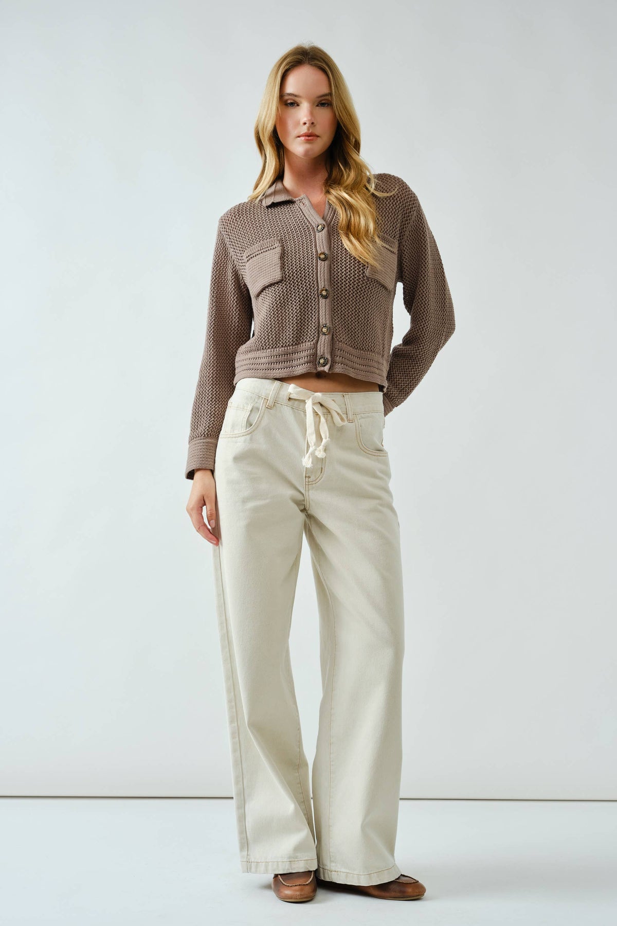 DRAWSTRING WAIST BOTTOM FLY STRAIGHT JEANS