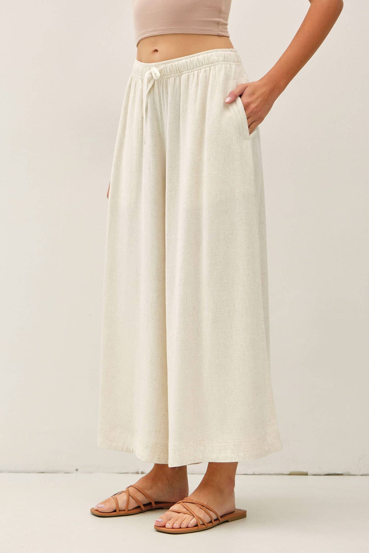 LINEN BLEND CROPPED PALAZZO PANTS
