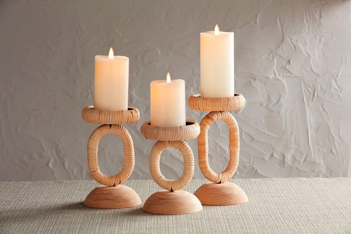 Medium Rattan Wrapped Wooden Candlestick