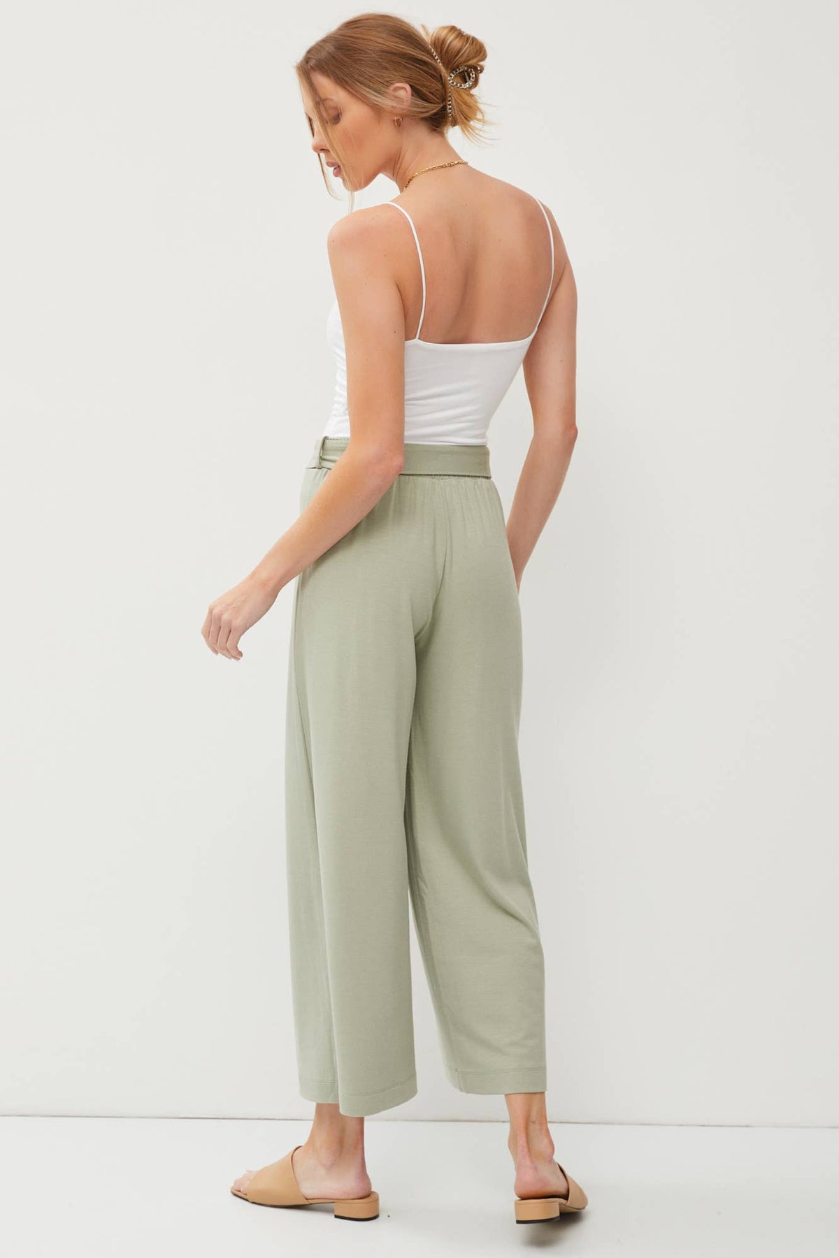 TIE BOW STRETCH CROP WIDE LEG PANTS