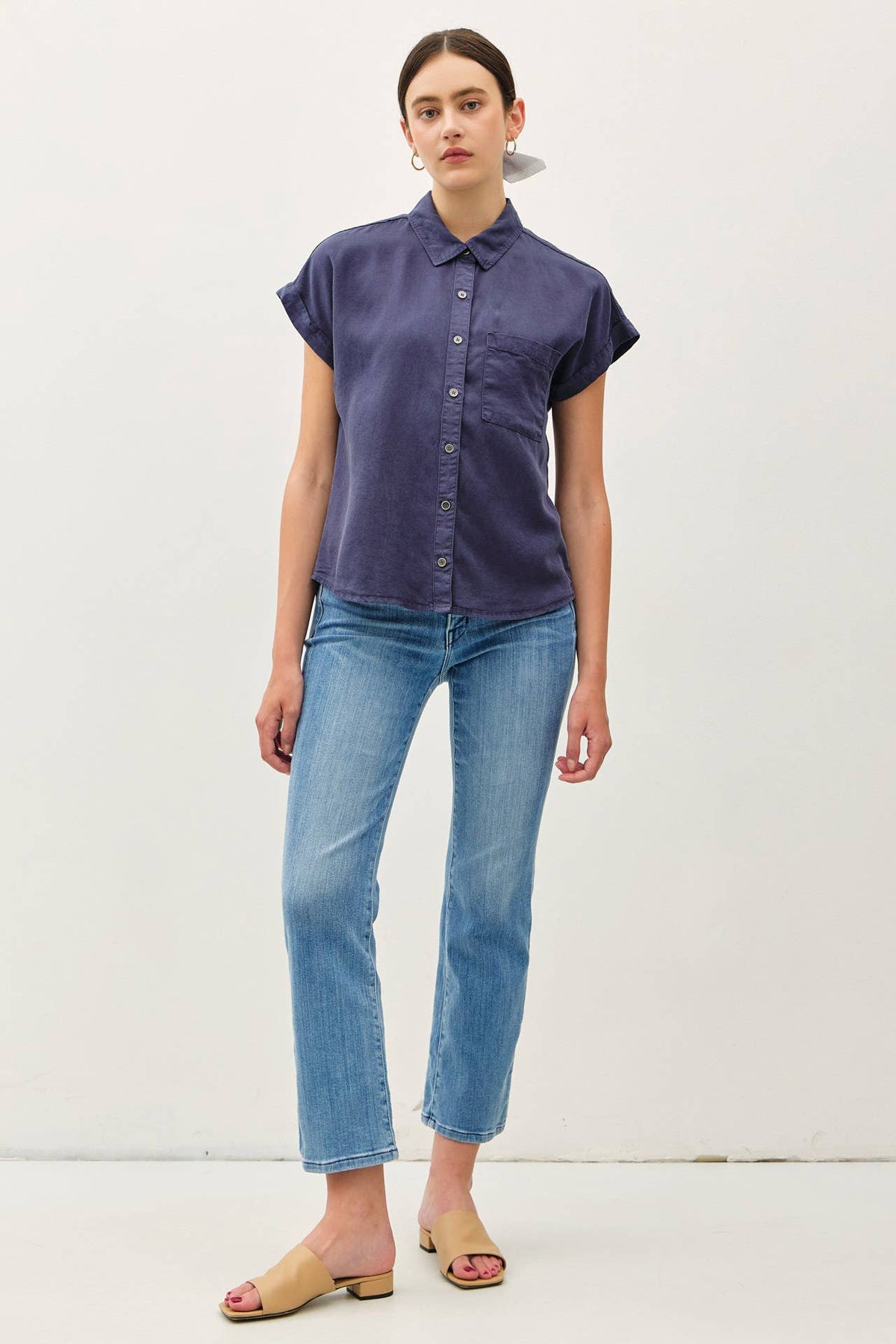 TENCEL SHORT DOLMAN SLEEVE BUTTON DOWN SHIRT