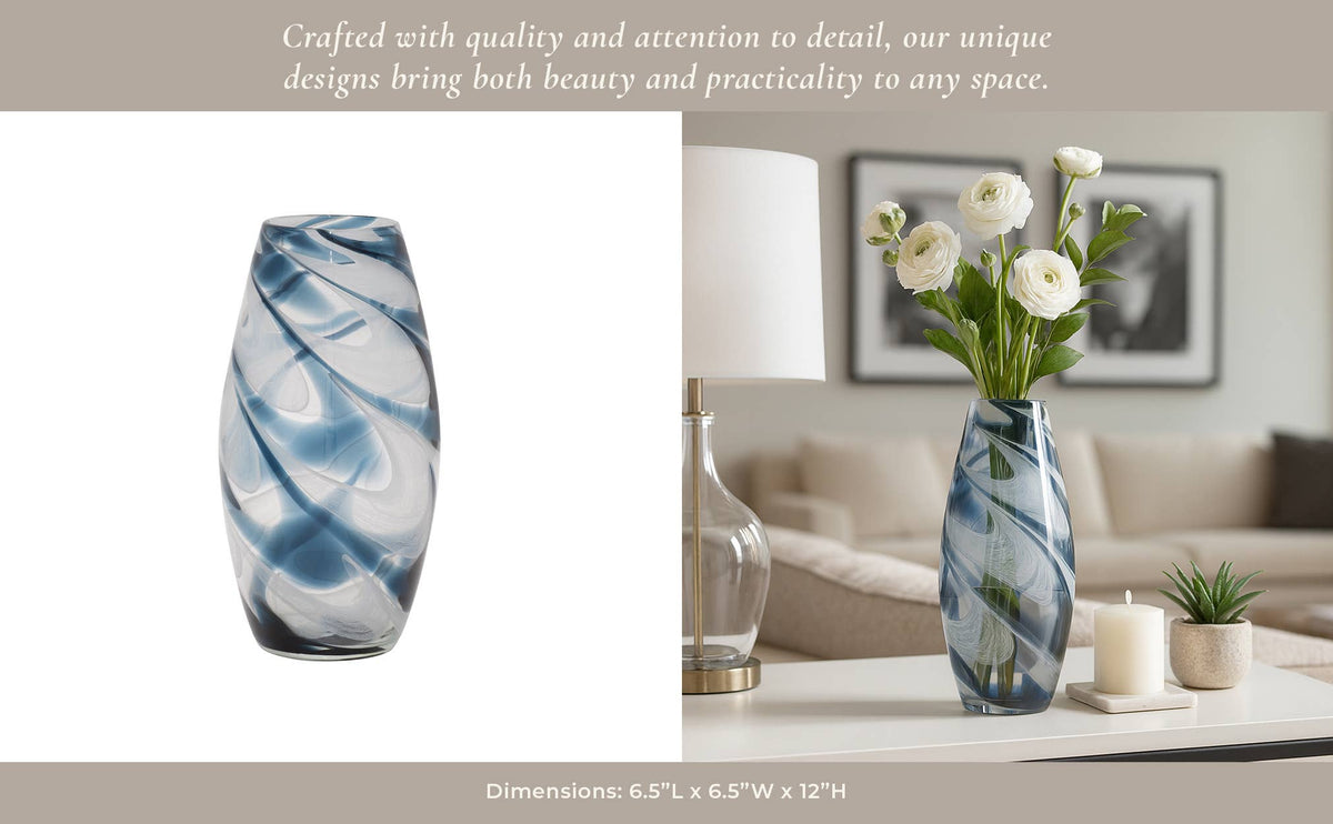 Glass Hand Blown Coastal Swirl Vase - Blue, 12 in.