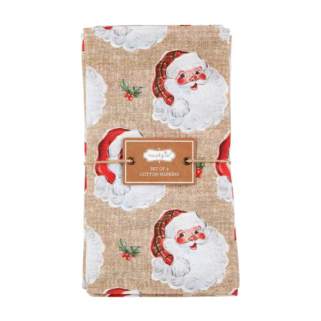 Vintage Santa Printed Cotton Napkins - Set of 4