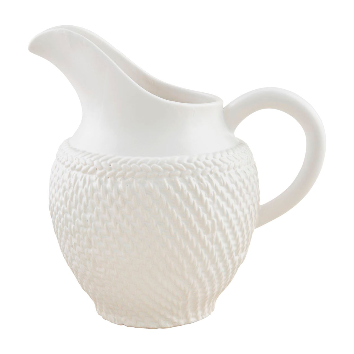 MudPie Stoneware pitcher with rope and basket weave texture.