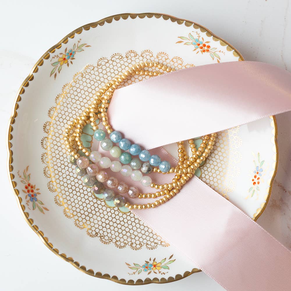 Gilded Gold Beaded Bracelets-Row,Aquamarine