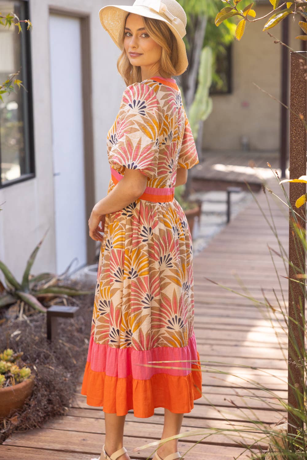 Summer Palm Print Contrast Color Block Midi Dress