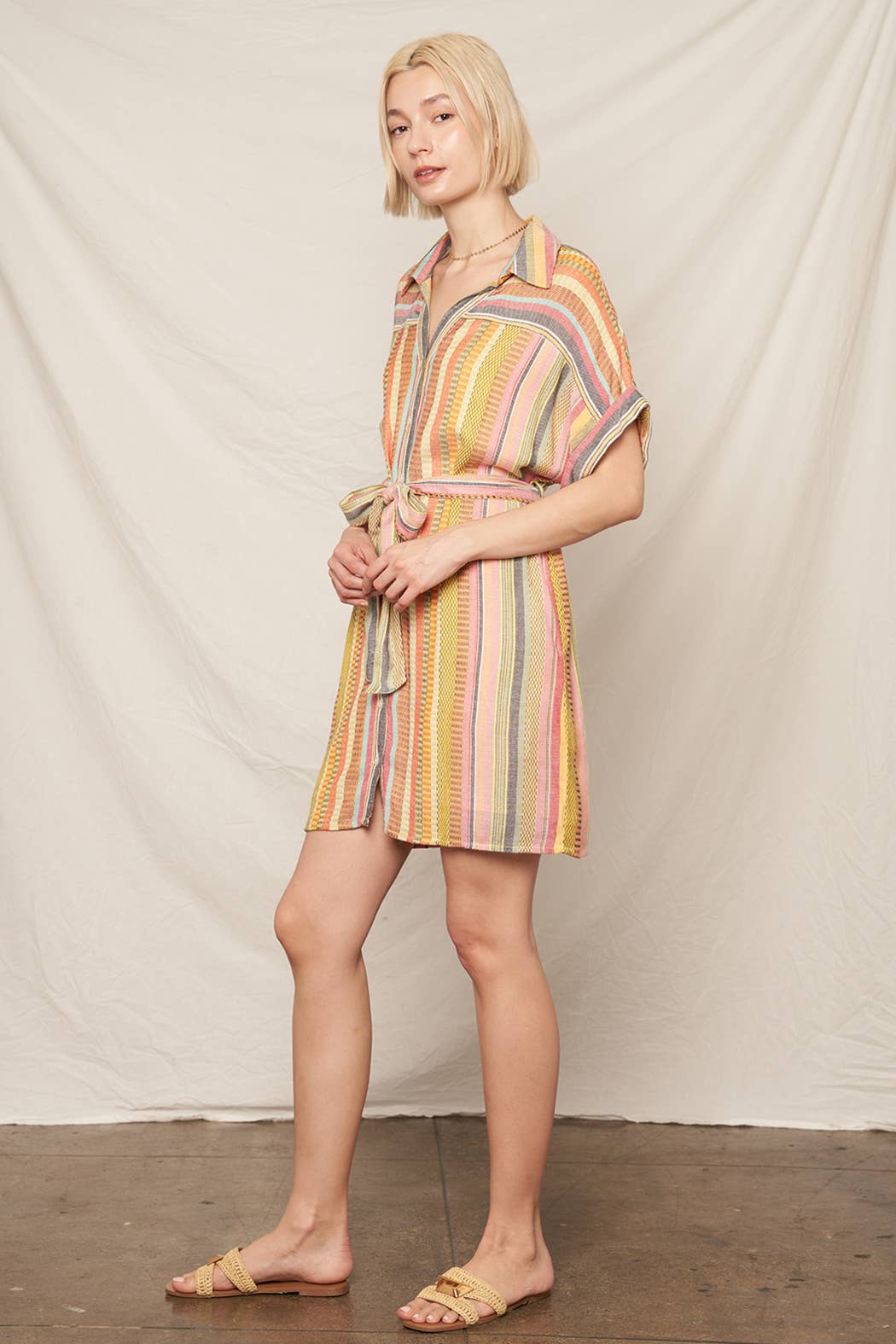 Multicolor Striped Belted Mini Shirt Dress