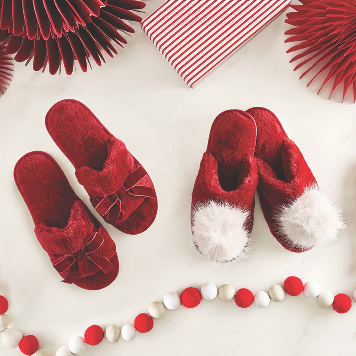 Plush Velvet Bow Slippers - Burgundy + Burgundy Velvet Bow