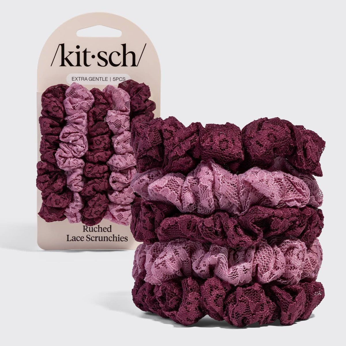 Ruched Lace Scrunchies 5pc Set - Cherry Lacquer & Dusty Pink