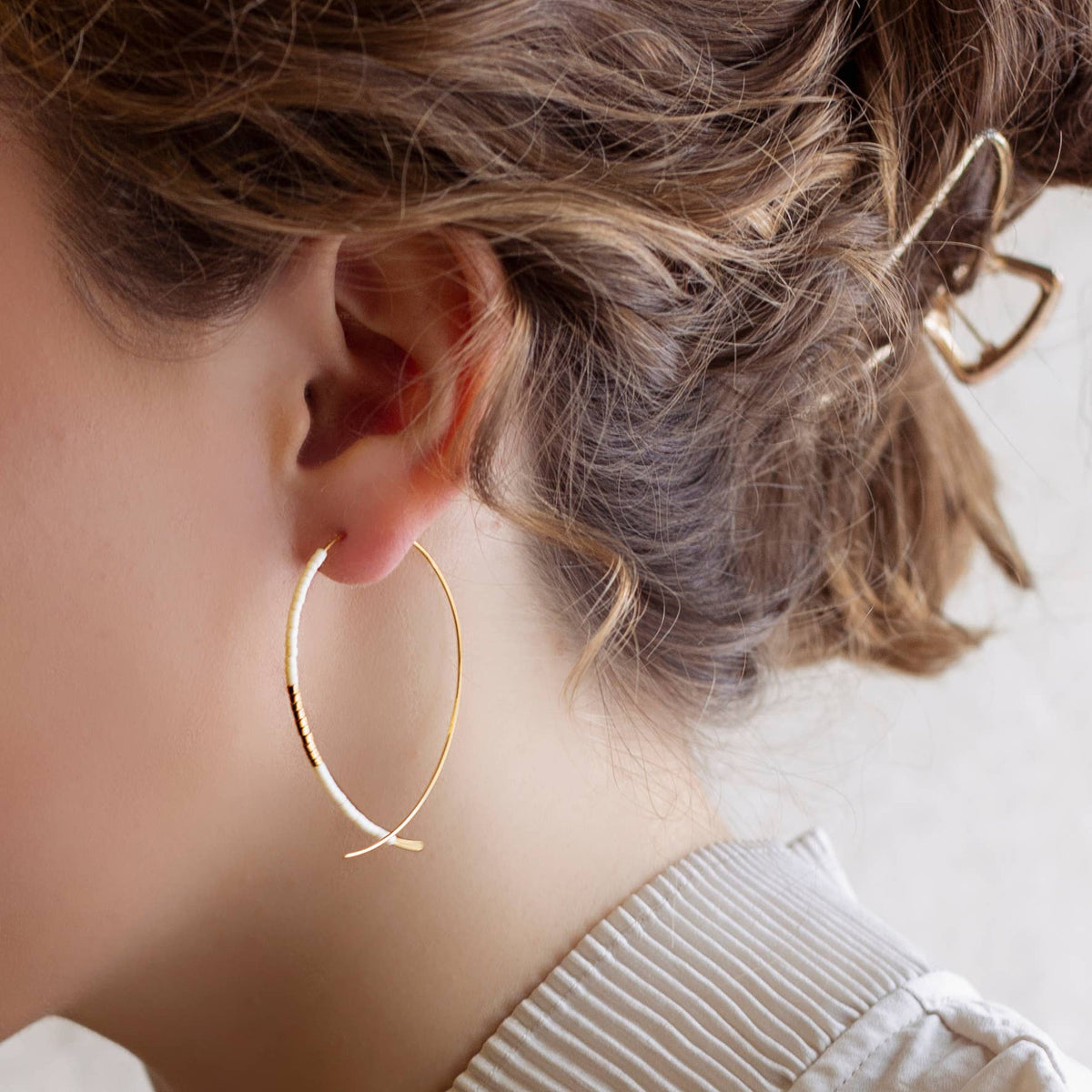 Norah Earrings-Ivory | Beaded Threader Hoops