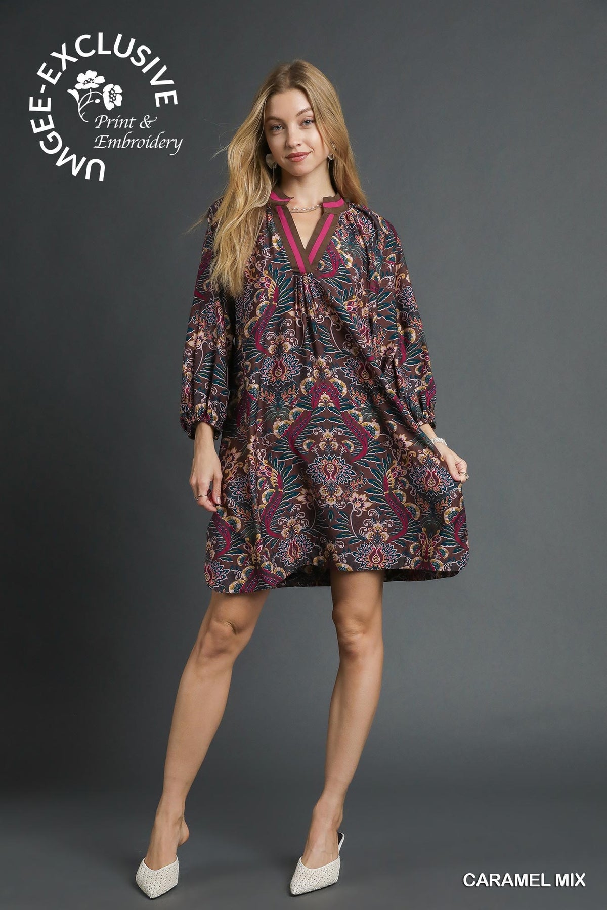 Floral Damask Print Collared Dress