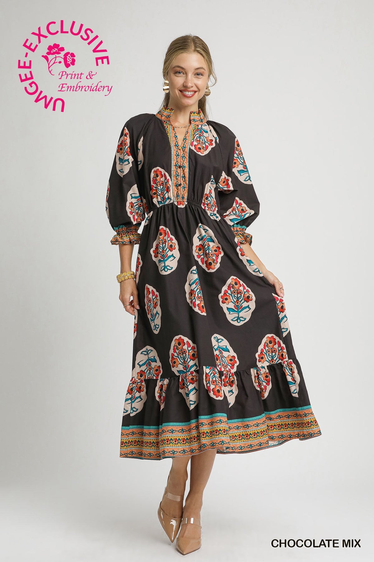 Flower Patch Boarder Print V-Neck Midi Dress