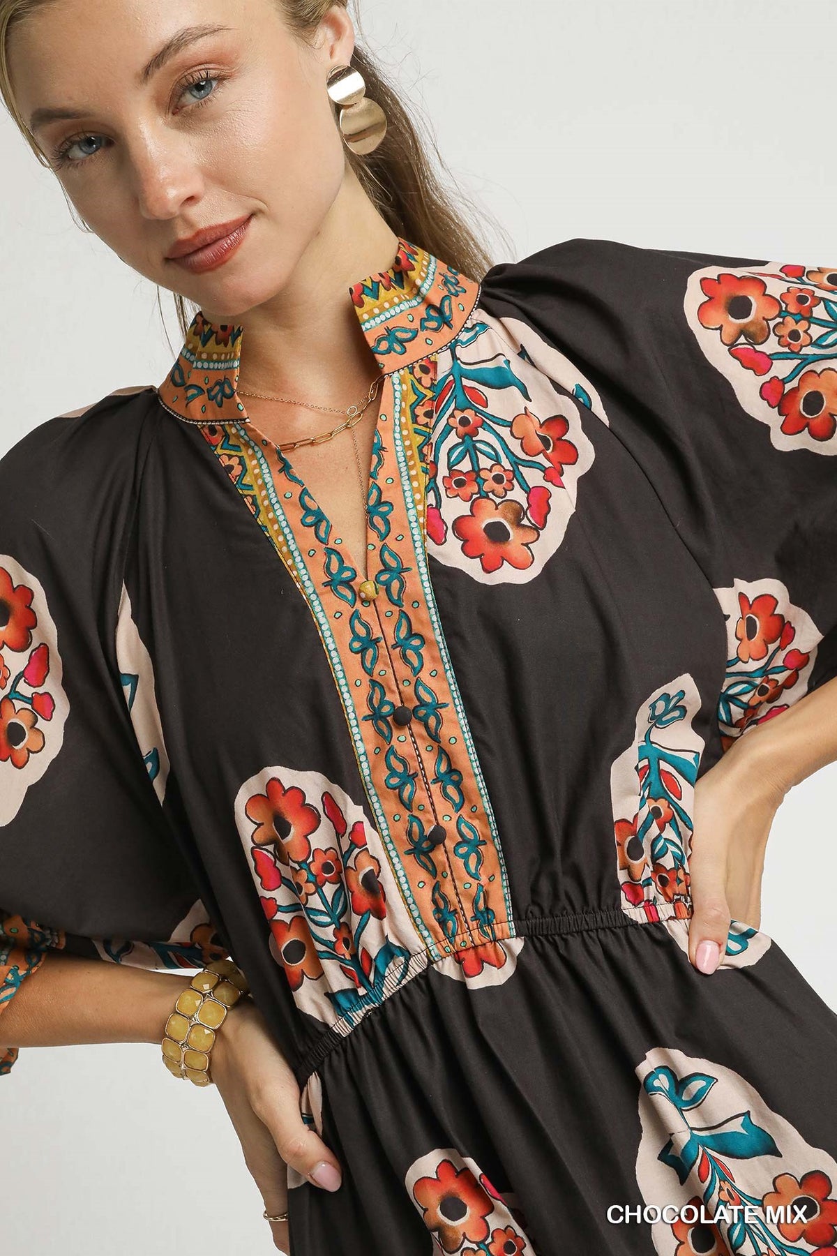 Flower Patch Boarder Print V-Neck Midi Dress