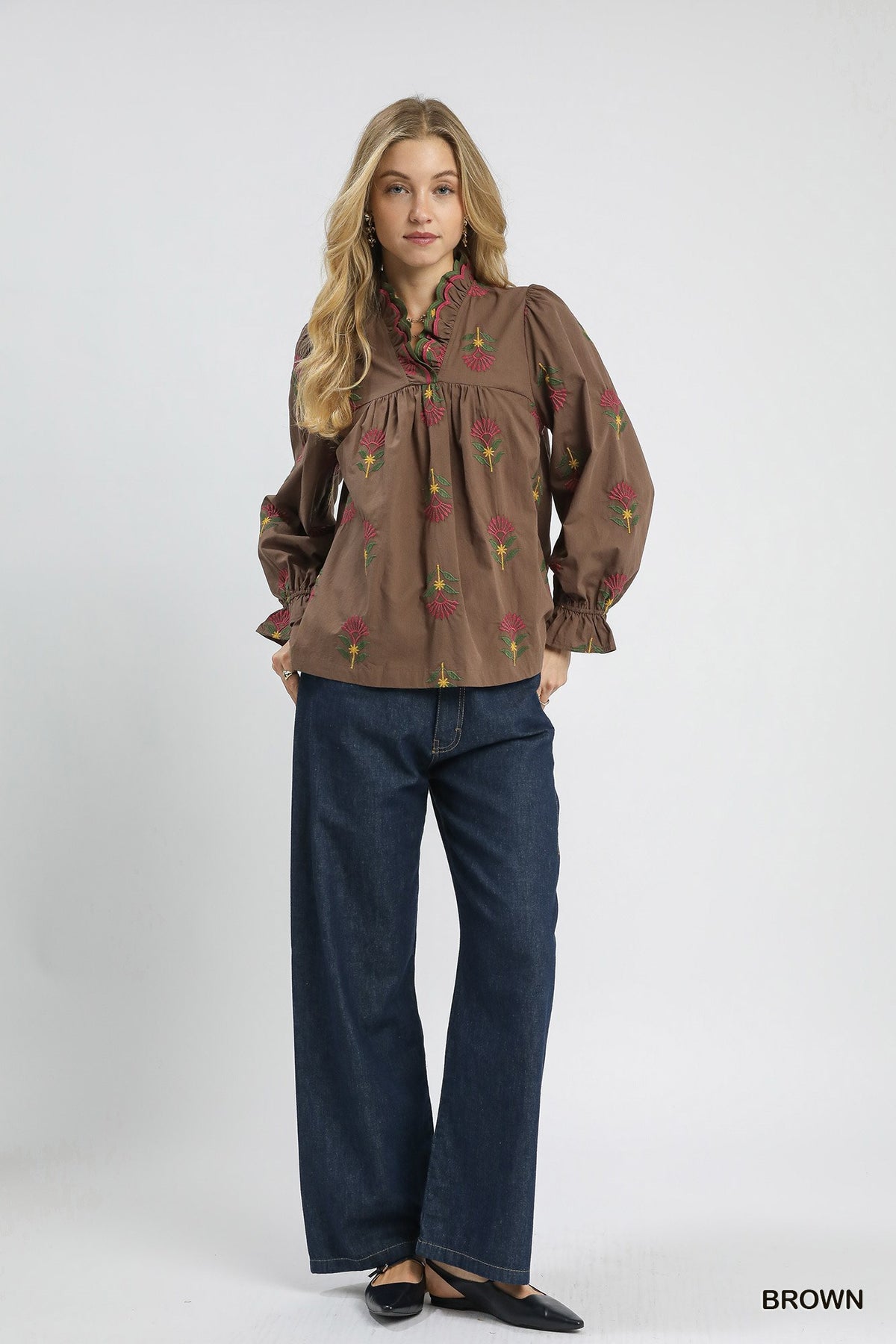 Embroidered Floral Ruffle Neck Blouse