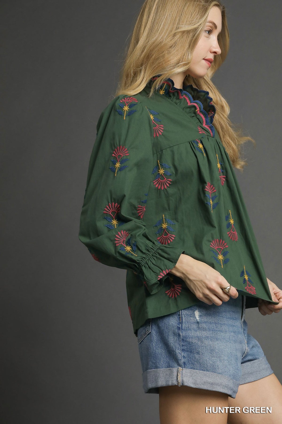 Embroidered Floral Ruffle Neck Blouse
