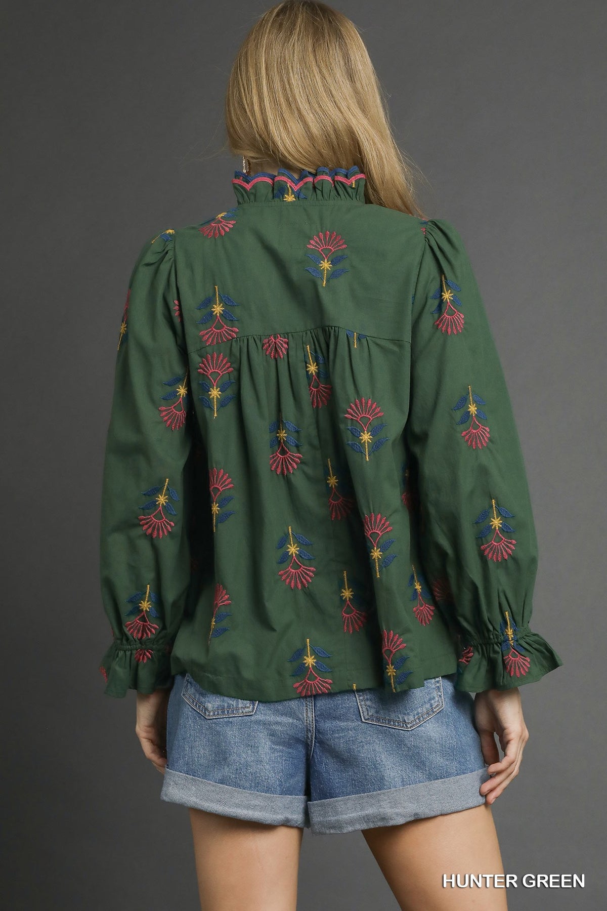Embroidered Floral Ruffle Neck Blouse