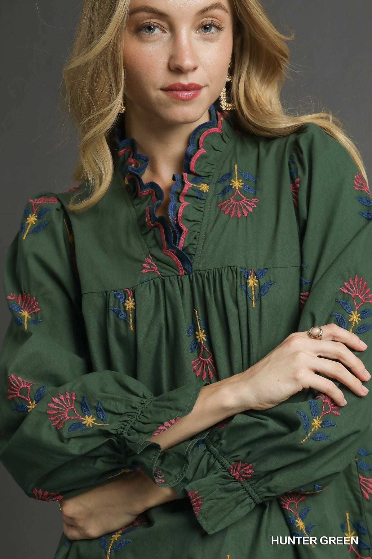 Embroidered Floral Ruffle Neck Blouse
