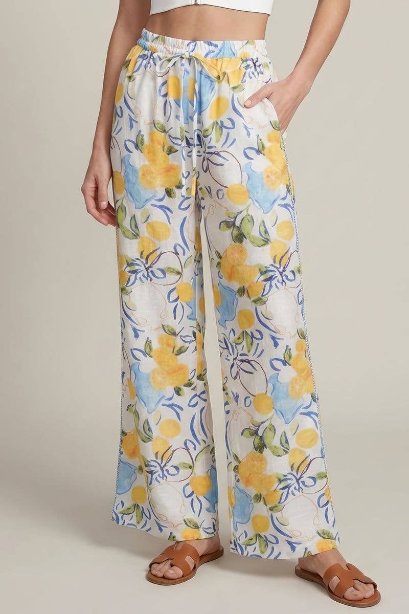 CONTRAST TRIM PIPING ELASTIC WIDE LEG PANTS