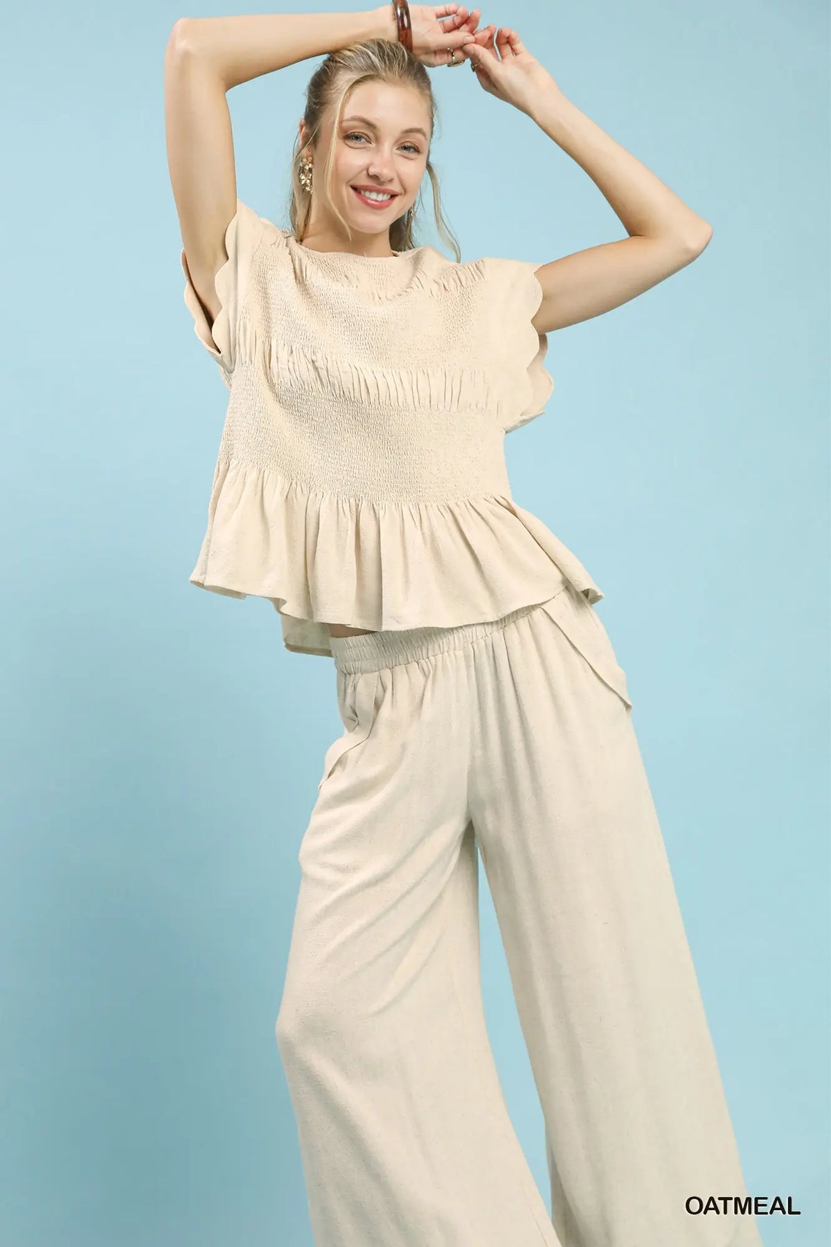 Linen Blend Smocked Peplum Top
