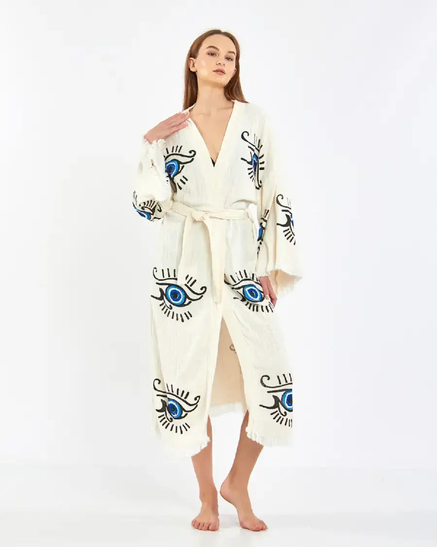 Long Evil Eye Kimono, Cotton Kimono, Evil Eye Robe, Kaftan