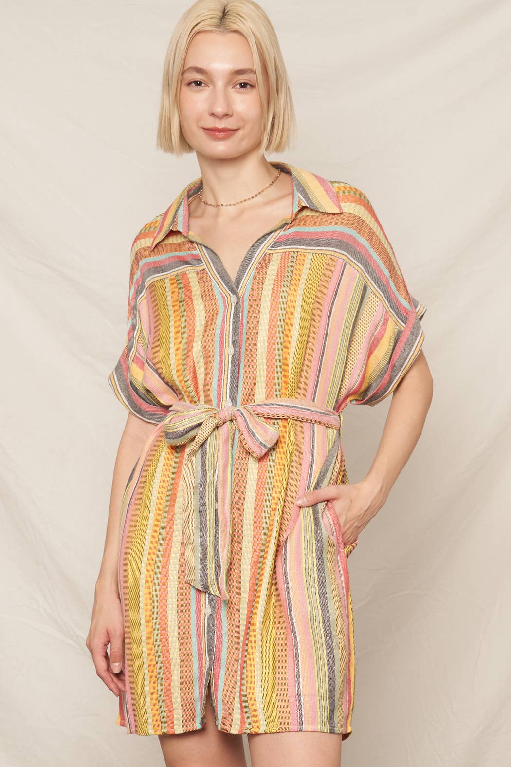 Multicolor Striped Belted Mini Shirt Dress