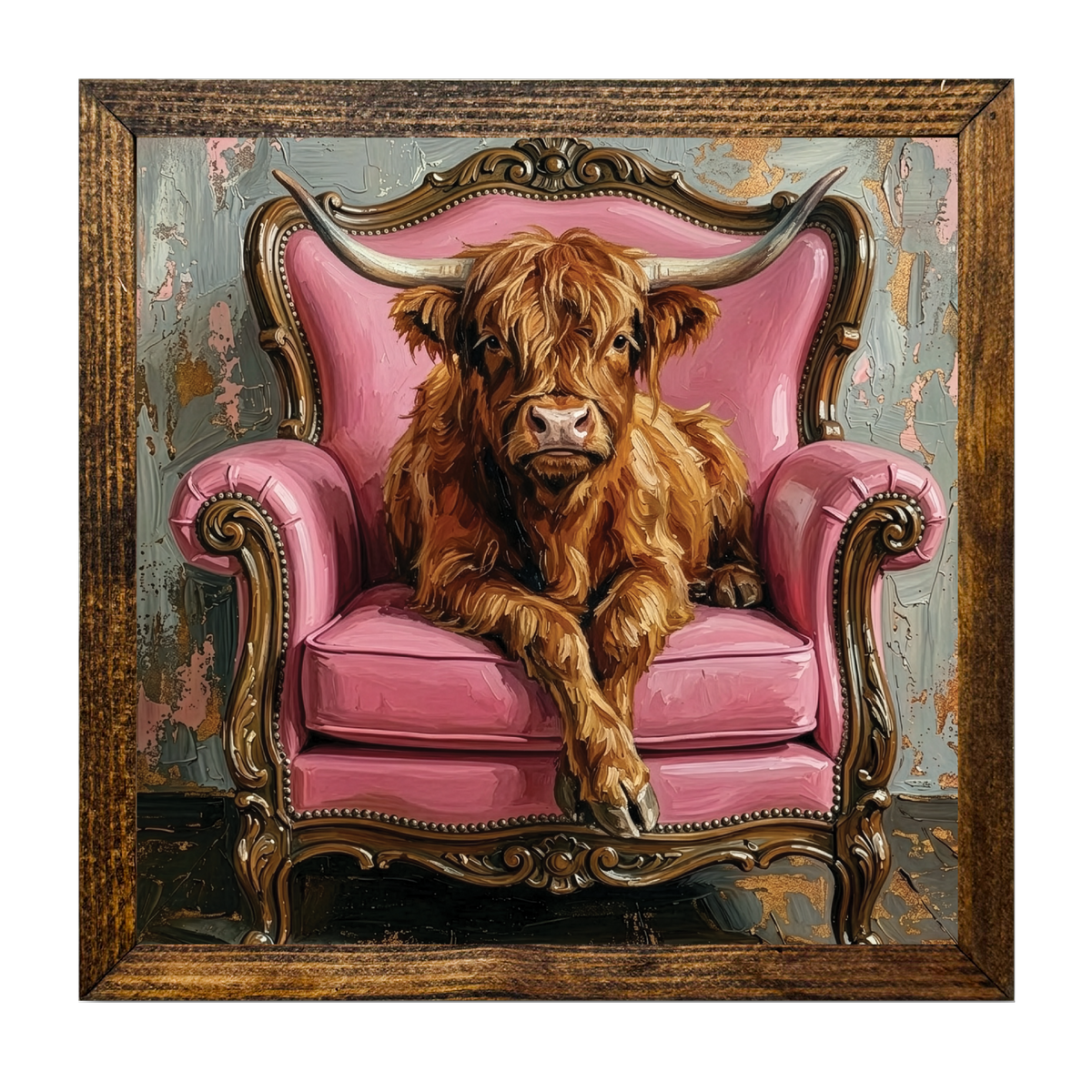 TIMBERLAND FRAME HIGHLAND COW IN A PINK SUEDE CHAIR