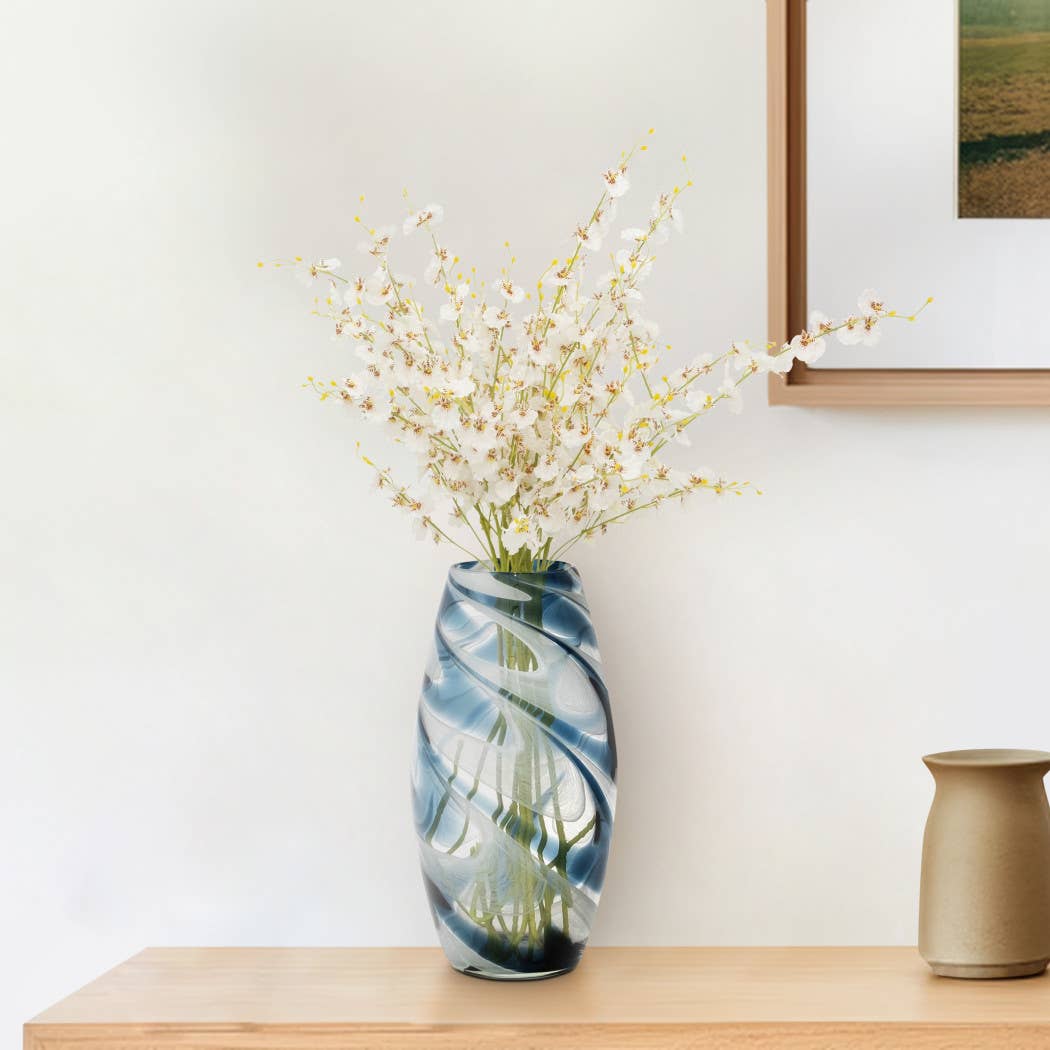 Glass Hand Blown Coastal Swirl Vase - Blue, 12 in.