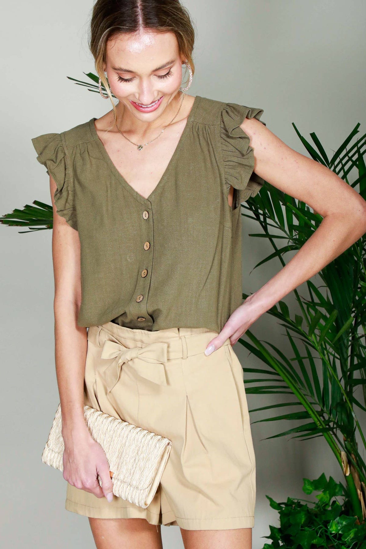 V-Neck Ruffle Sleeve Cotton Linen Blouse Top VT81688