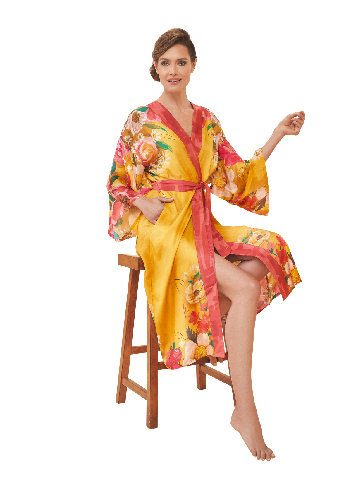 Impressionist Floral Kimono Gown in Mustard