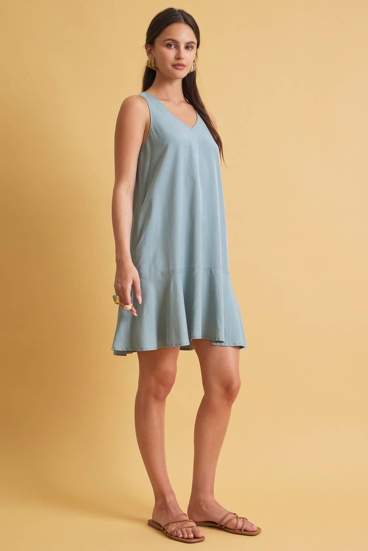 RUFFLE HEM TENCEL MINI DRESS