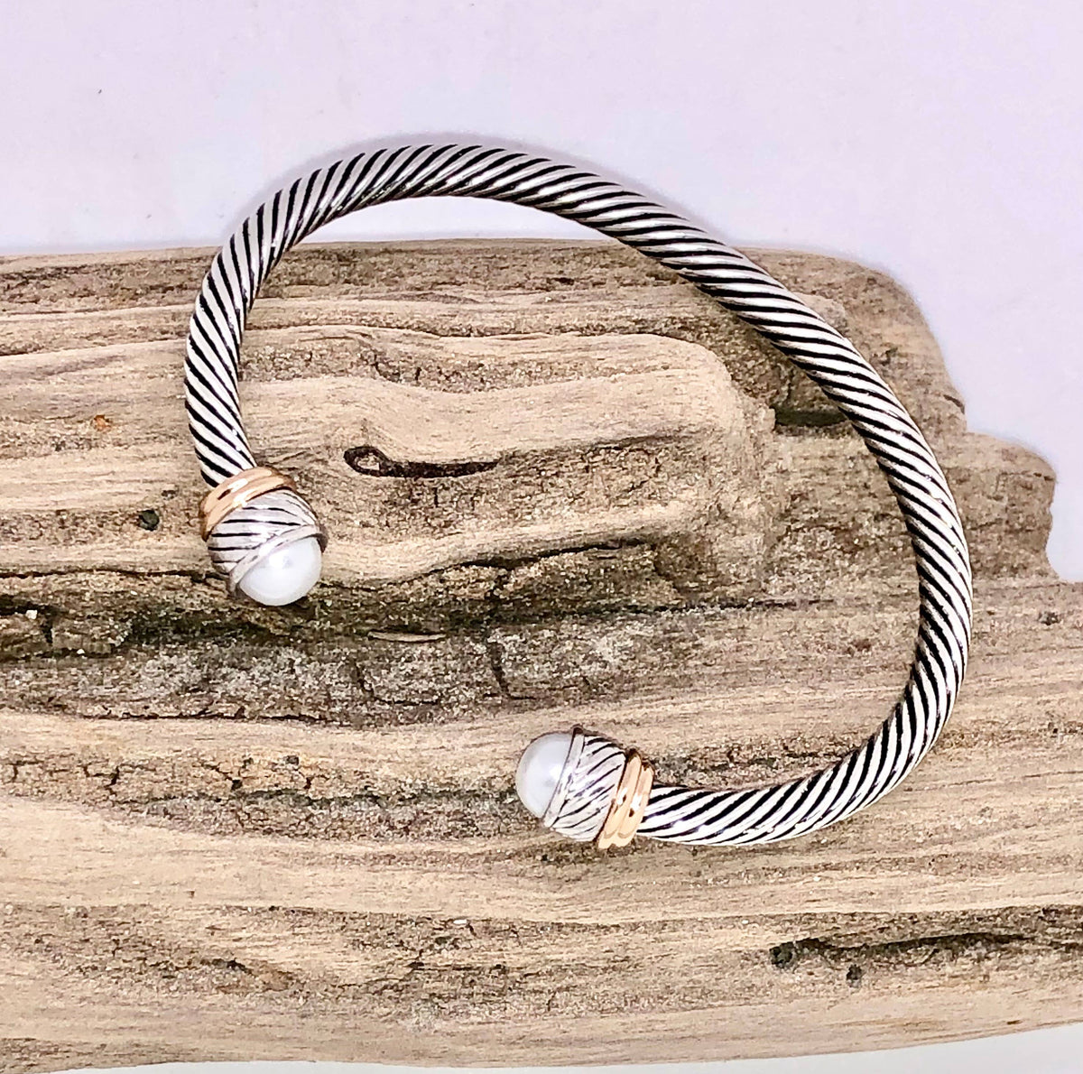 Cuff Alloy Plated w/Glass White  Pearl Fits 7”-8”