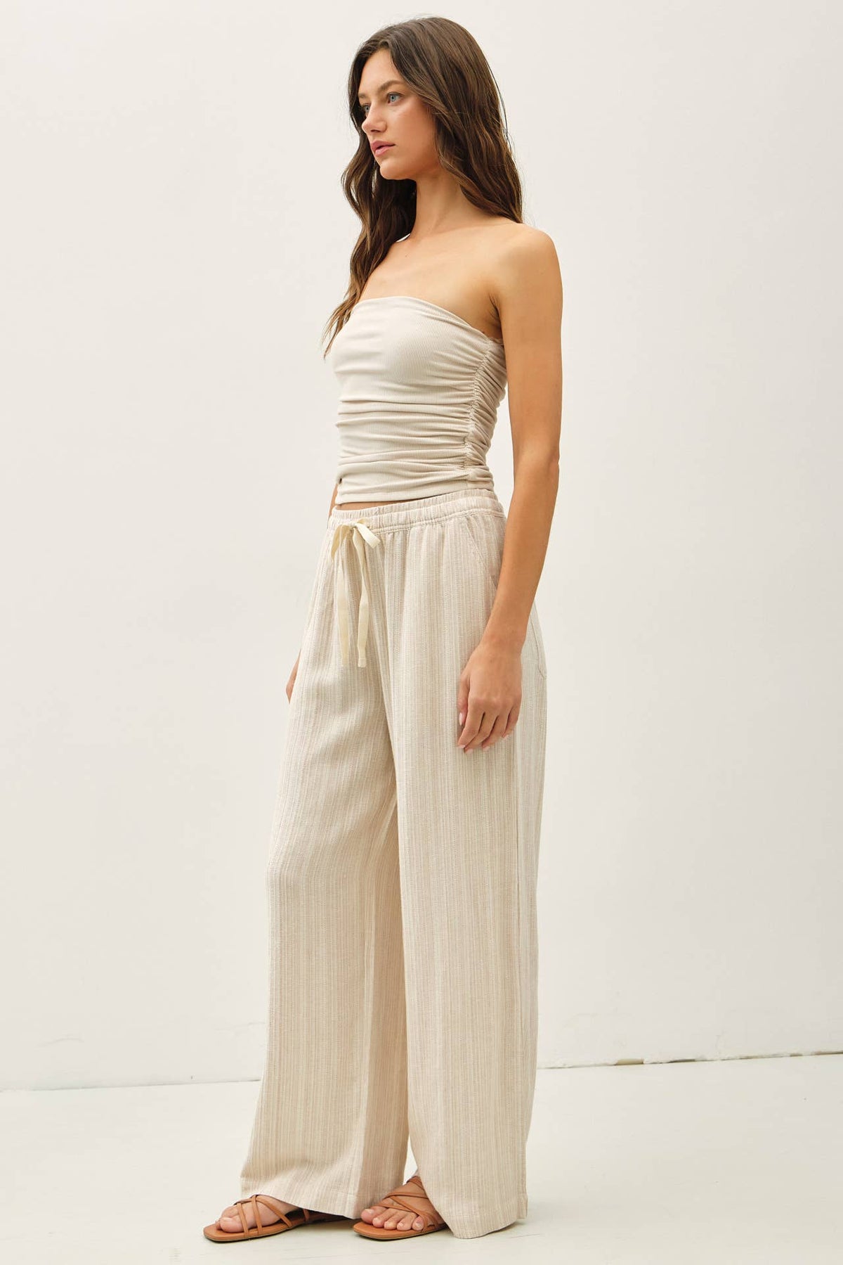STRIPED LINEN WIDE LEG PANTS