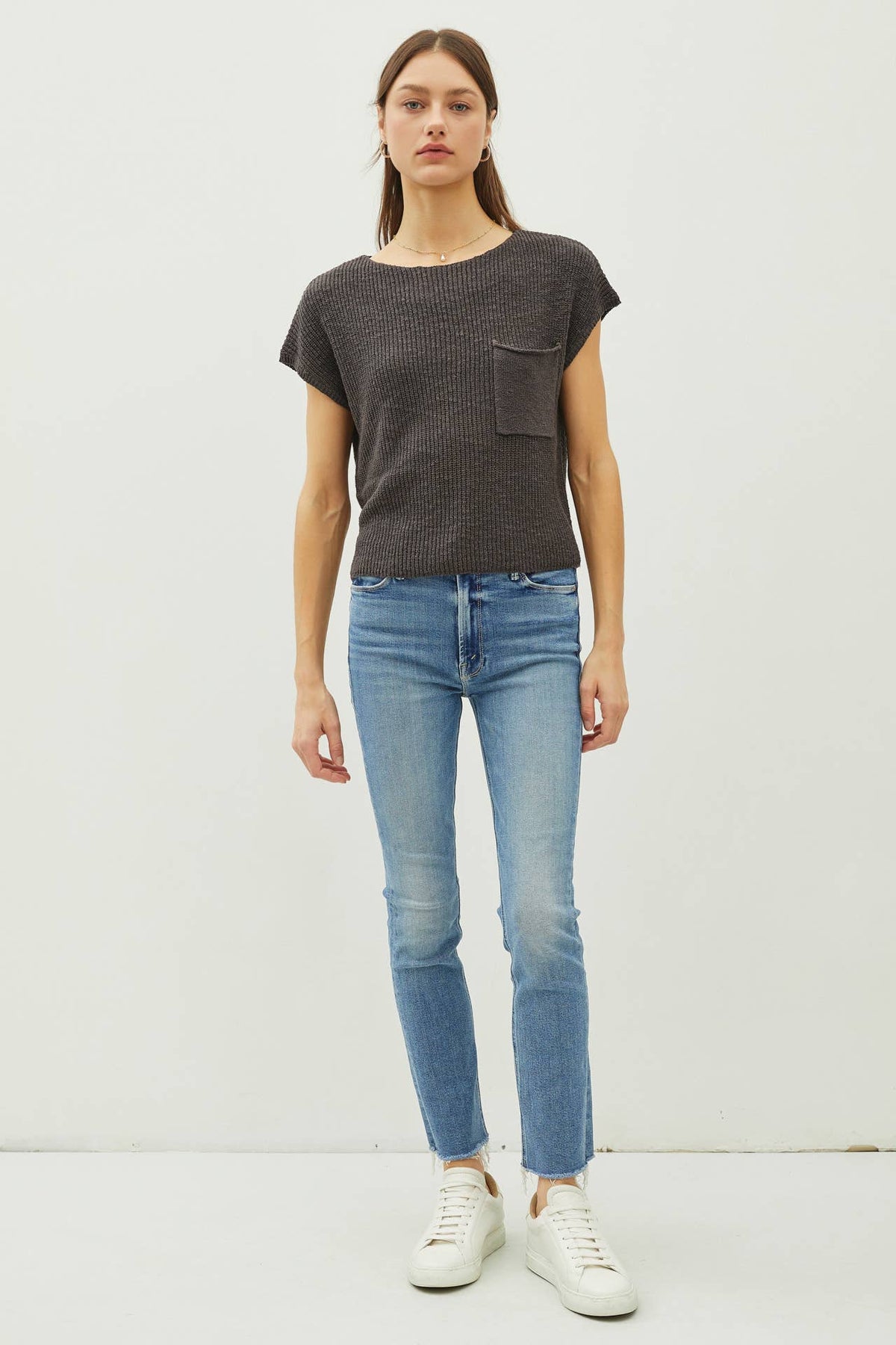 POCKET DOLMAN CAP SLEEVE BOXY KNIT