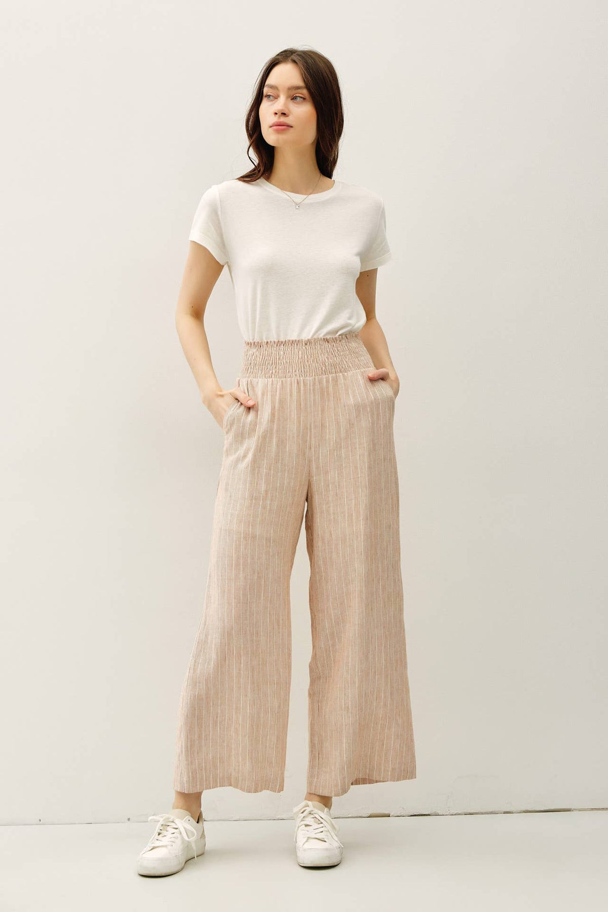 STRIPED LINEN BLEND WIDE LEG PANTS