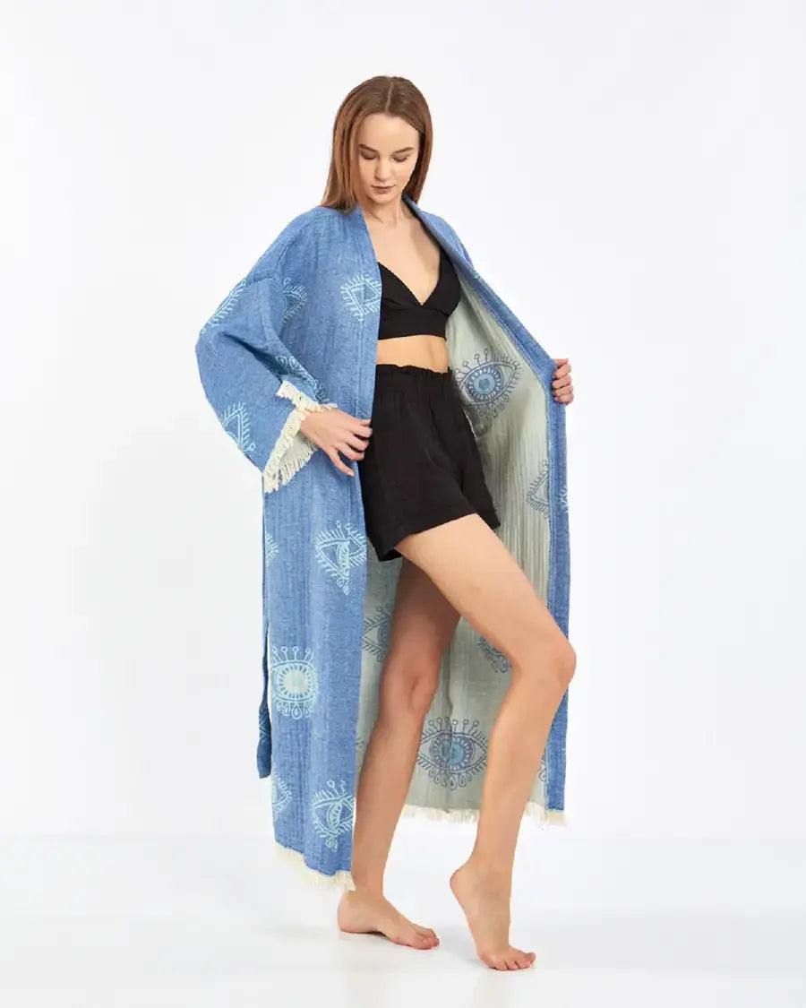 Blue Evil Eye Kimono, Long Cotton Robe, Cotton Kafthan