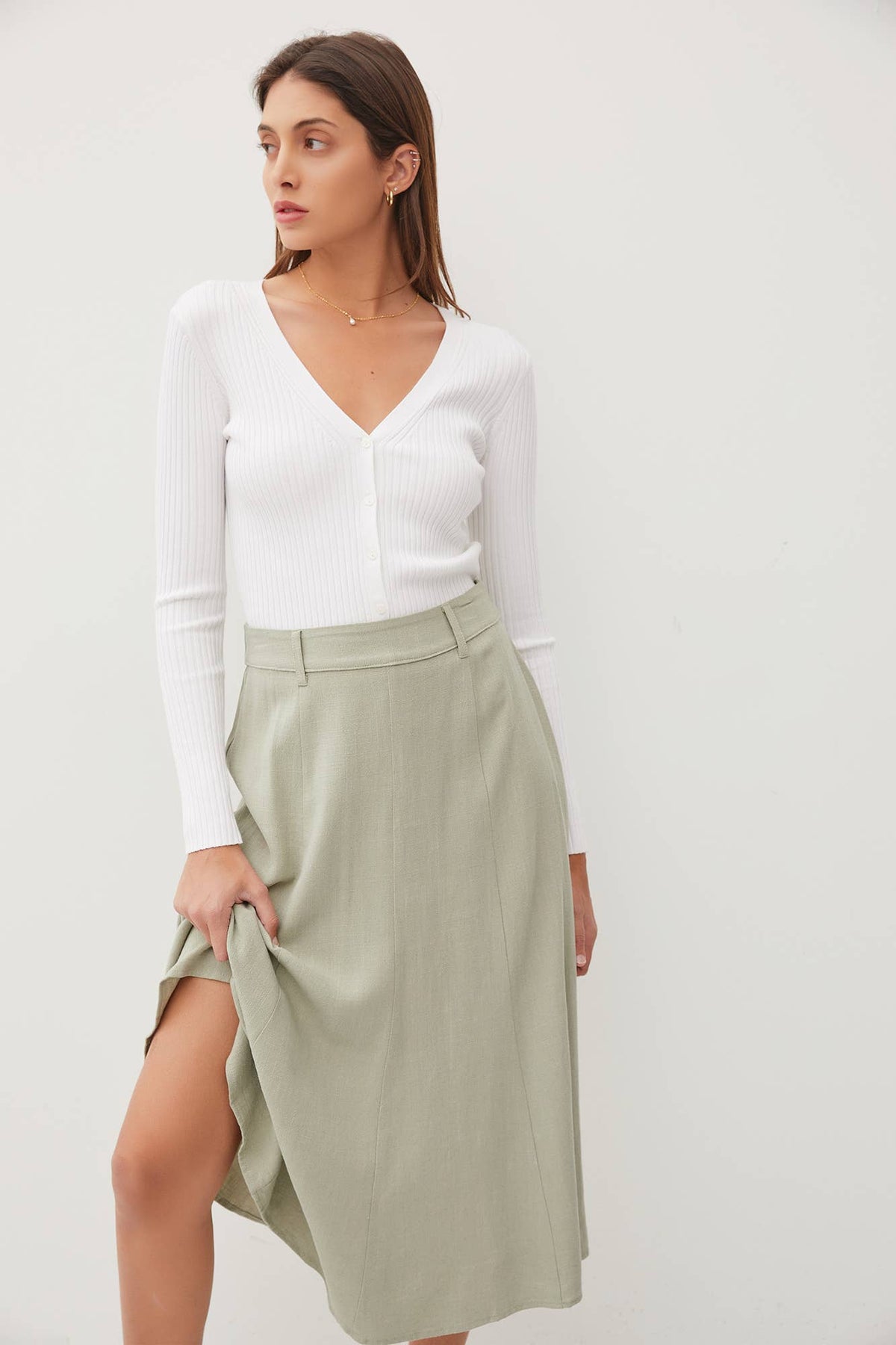 BELT LOOPS DETAILED WAIST FLOWY MIDI SKIRT