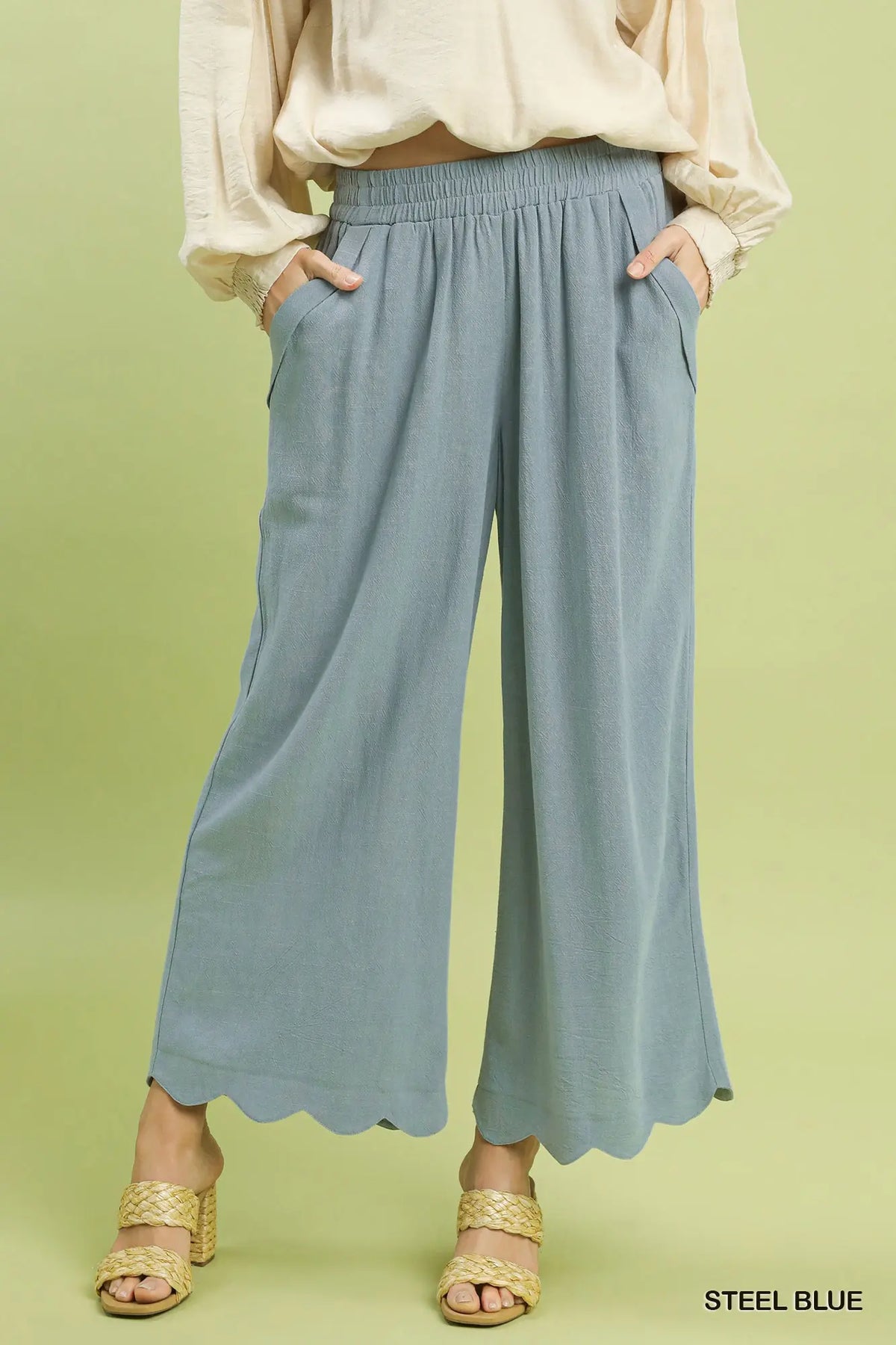 Linen Blend Scallop Hem Wide Leg Pants
