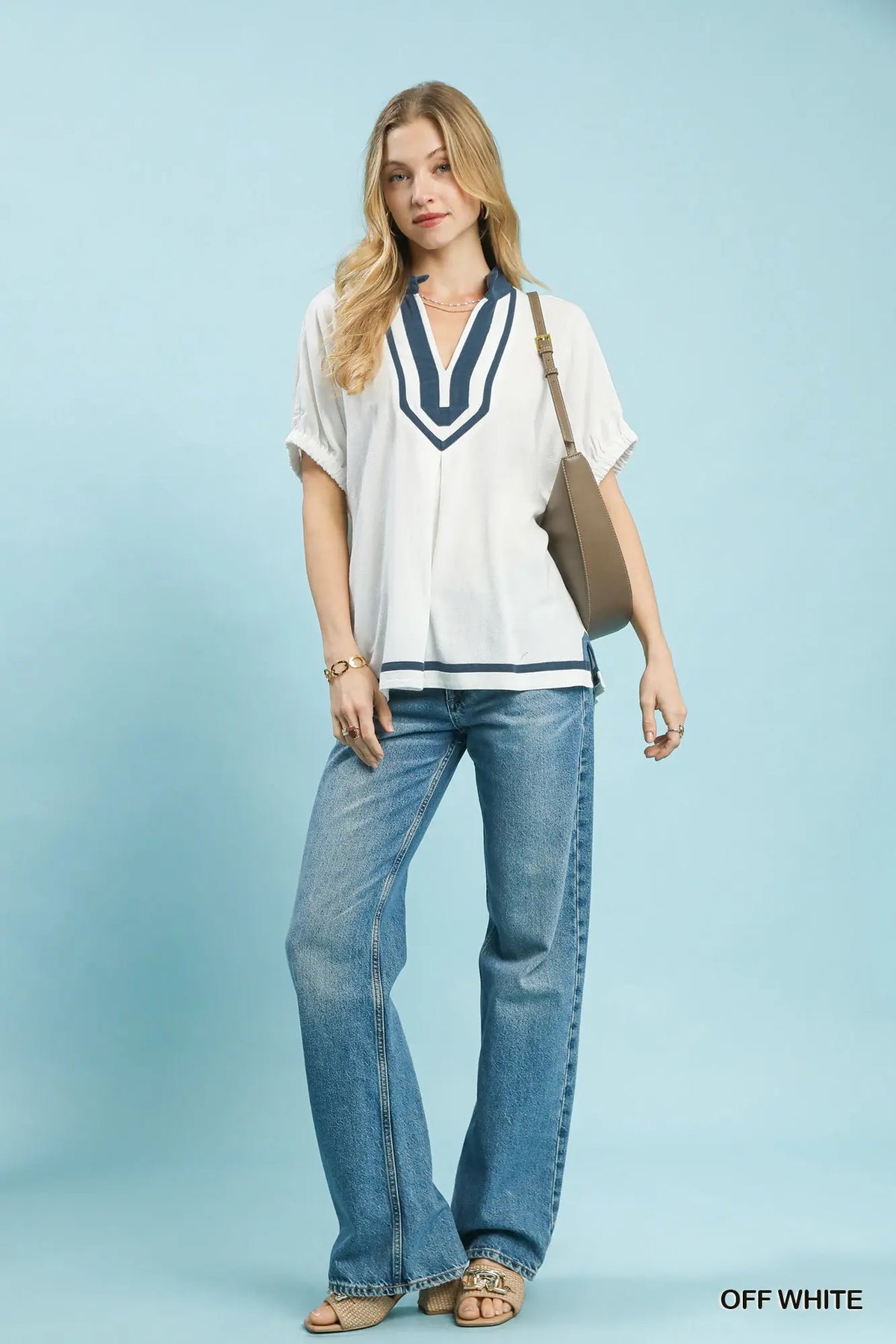 Linen Contrast Trim V-Neck Blouse