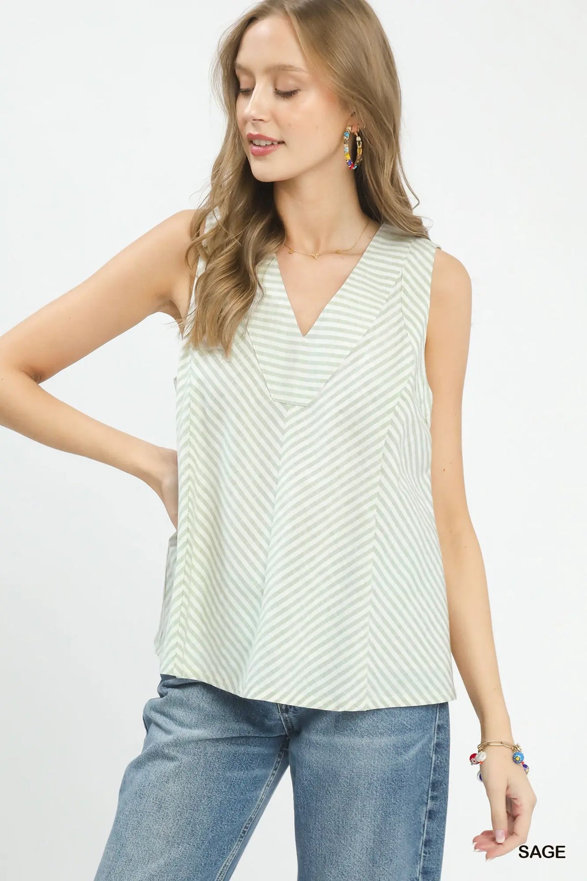 Mixed Stripe Sleeveless V-Neck Top
