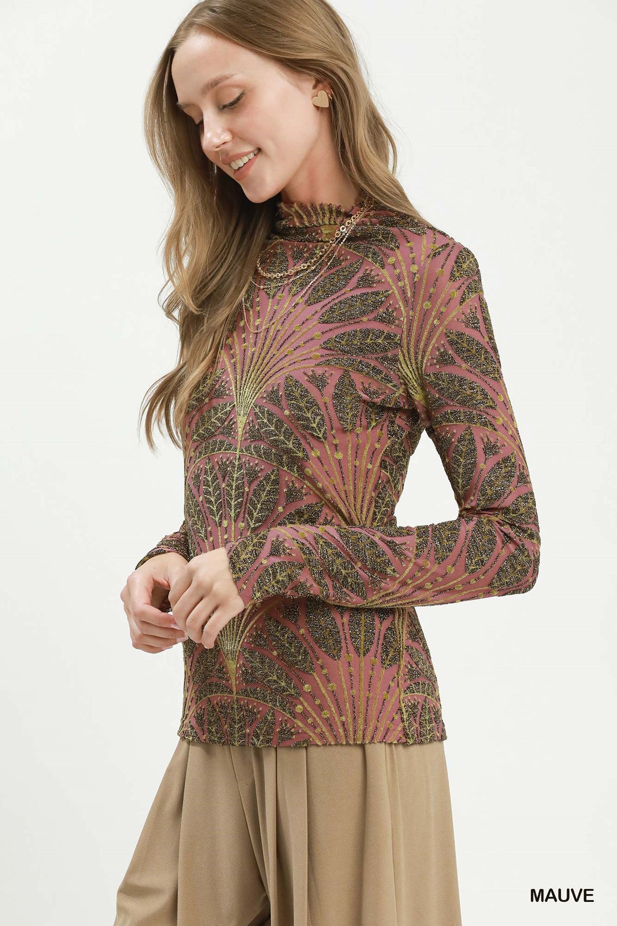 Metallic Botanical Mock Neck Knit Top