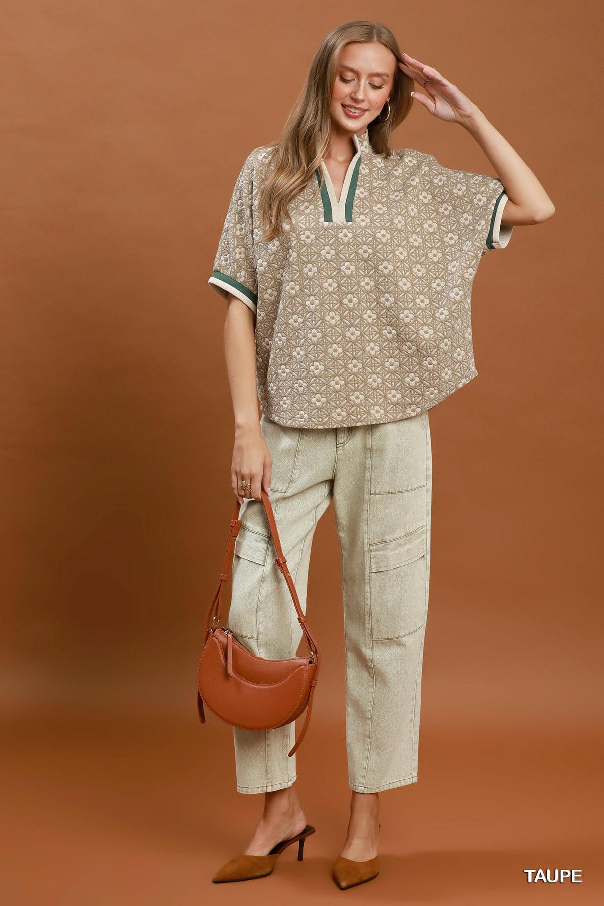 Jacquard Floral Textured Contrast Trim Pullover Top