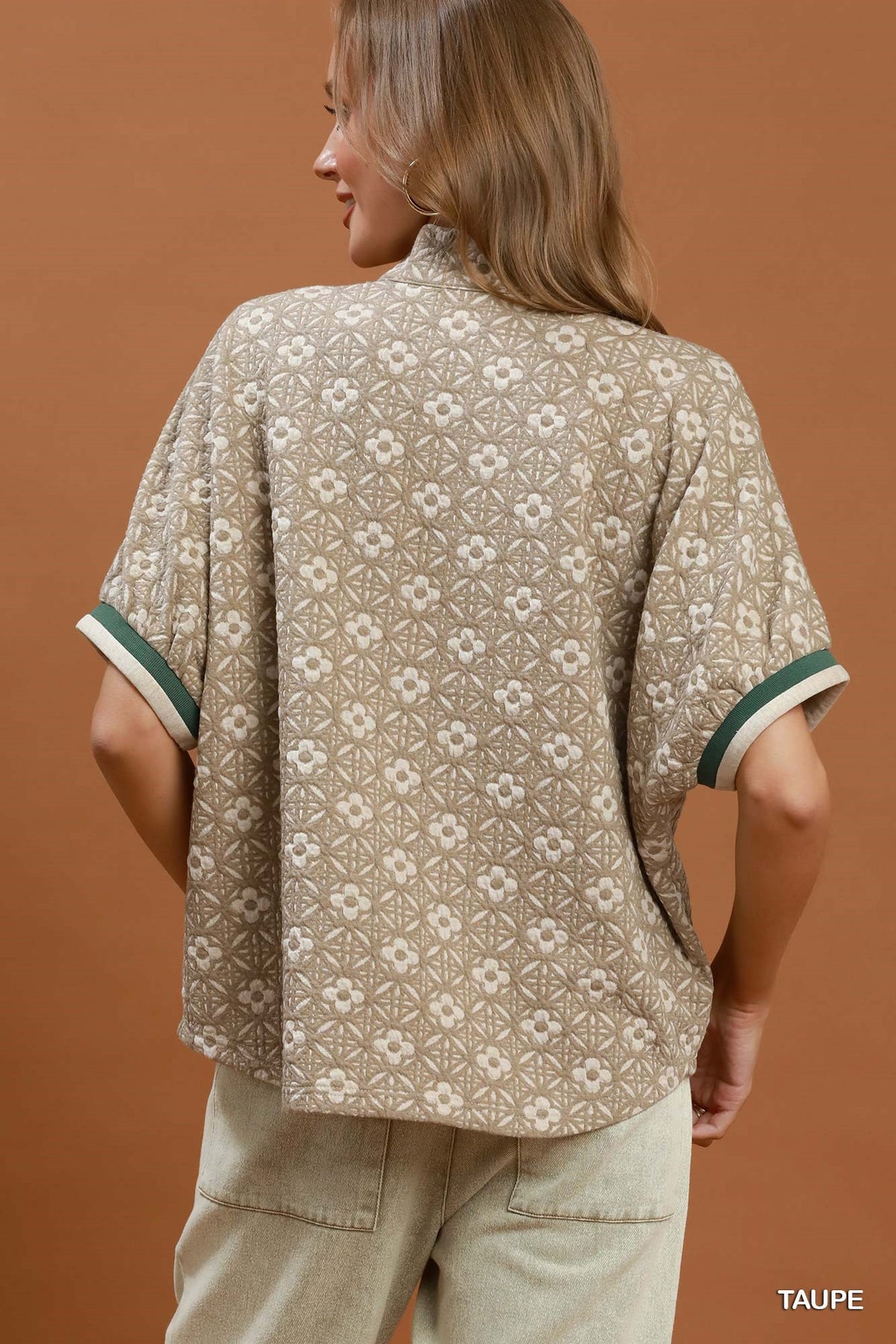 Jacquard Floral Textured Contrast Trim Pullover Top