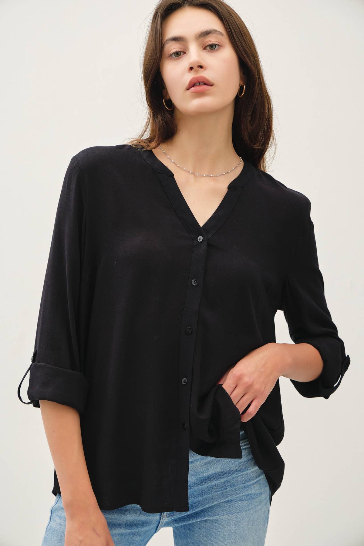 V-NECK MANDARIN COLLAR BUTTON DOWN SHIRT