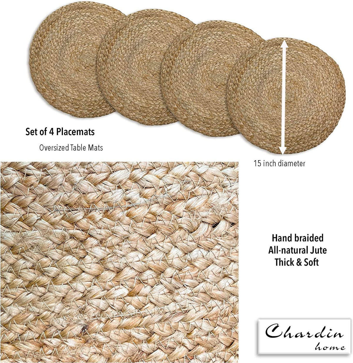 Natural Jute Hand Braided Round Placemats, Set of 4, 15 Inch