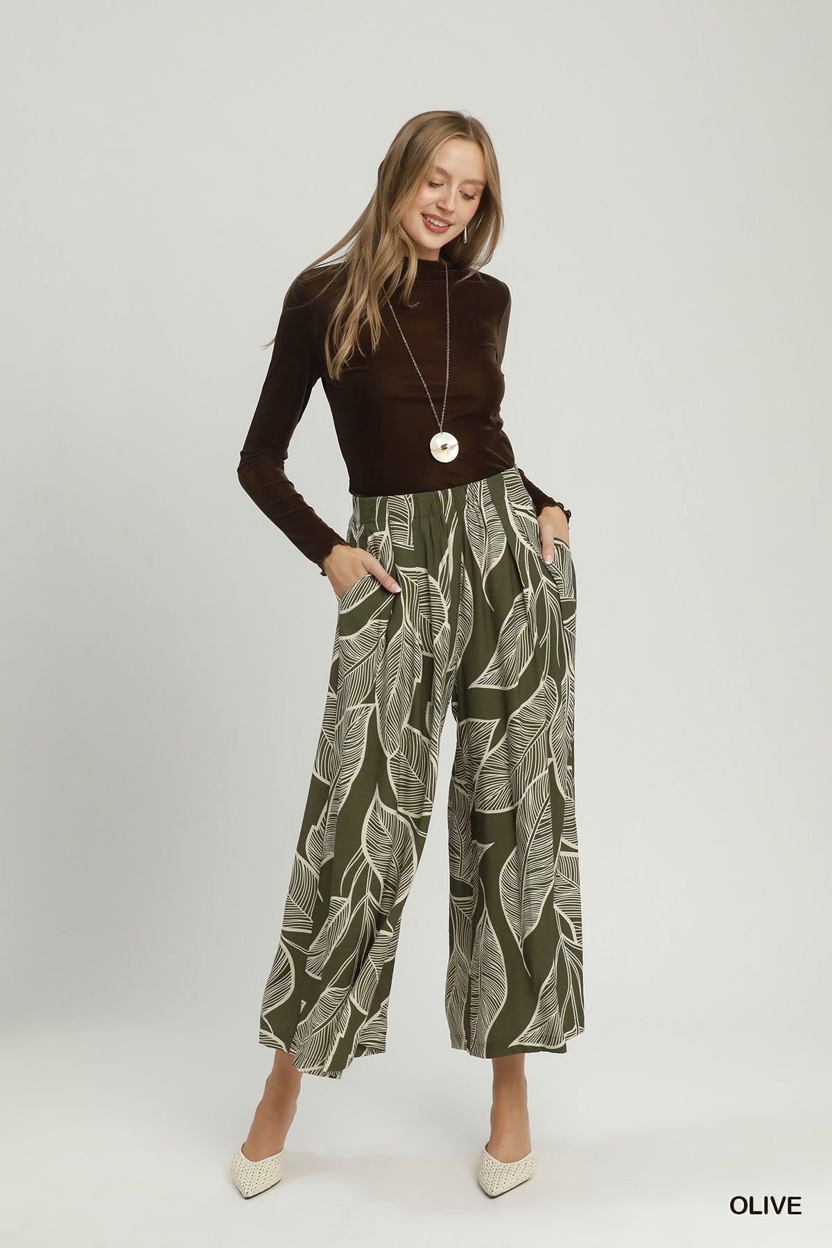 Tropical Leaf Print Wide Leg Palazzo Pants