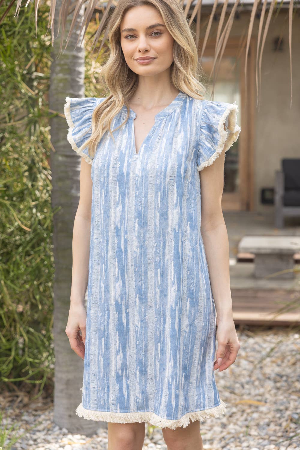 Cap Ruffle Sleeve with Fringe Detail Stripe Distressed